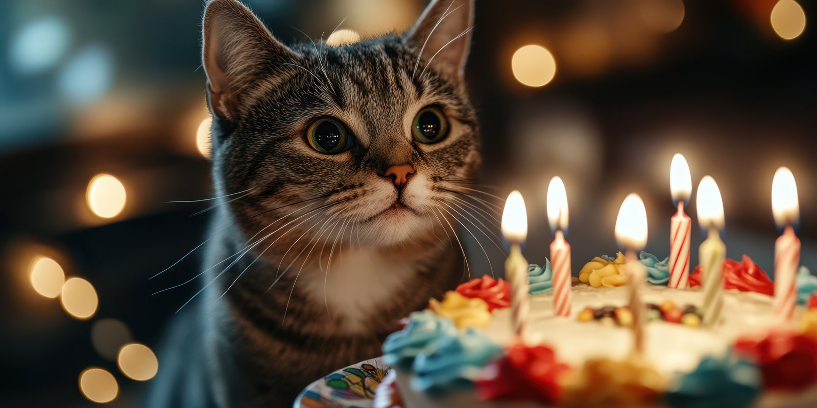 Cat gazing at birthday cake with candles during festive celebration at home in the evening